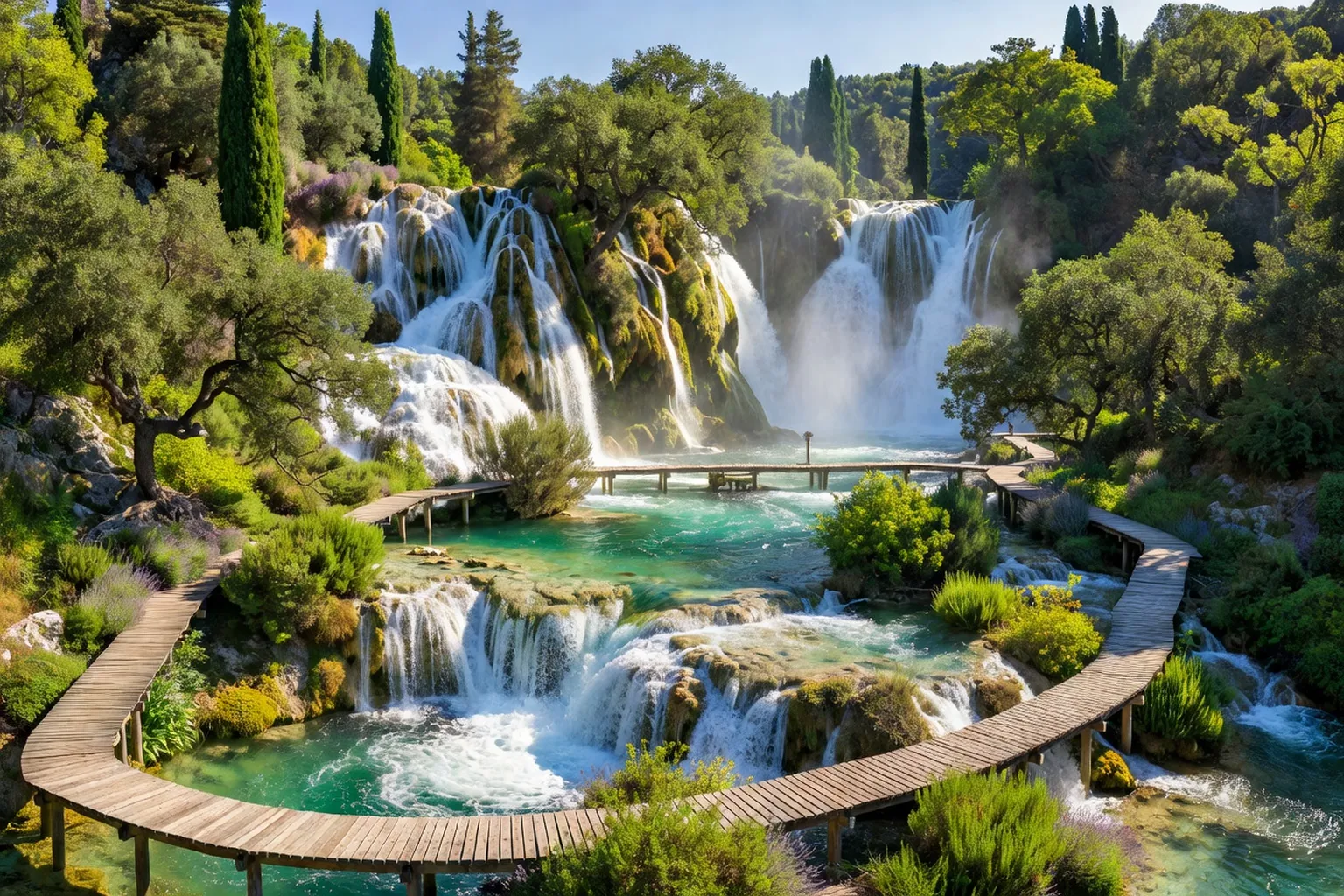 Cascades de Skradinski Buk dans le parc national de Krka, eaux turquoise et passerelles en bois en Croatie