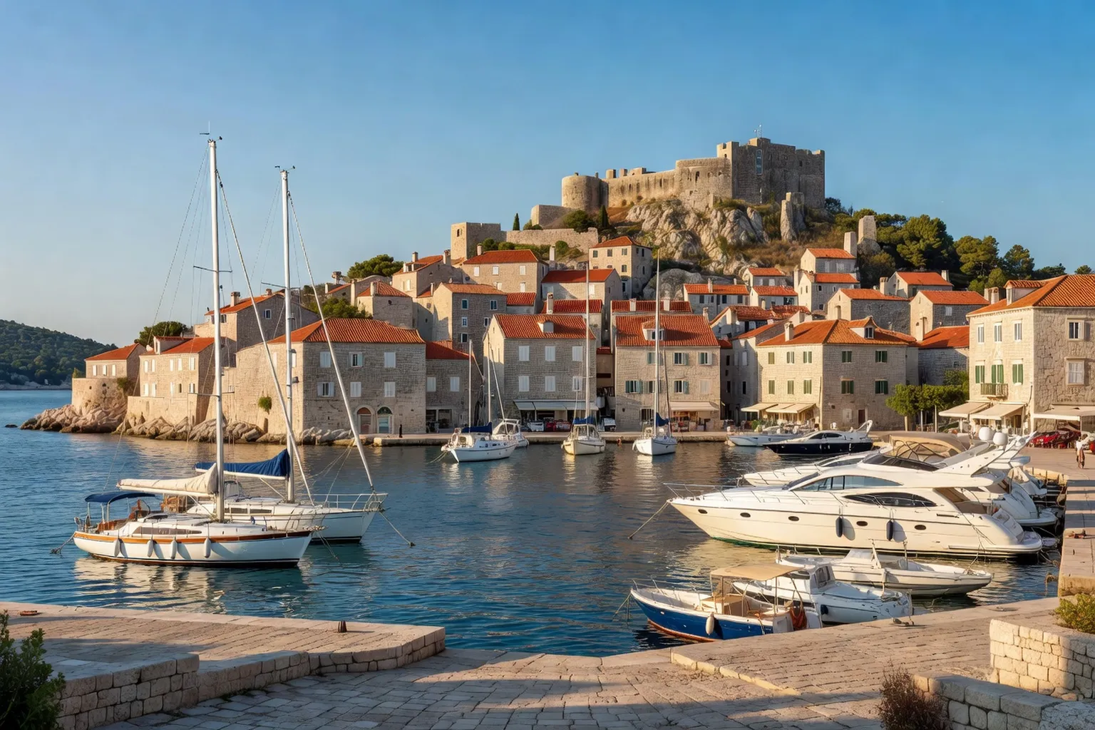 Vue de Hvar ville en Dalmatie, port avec voiliers et forteresse espagnole sur la colline
