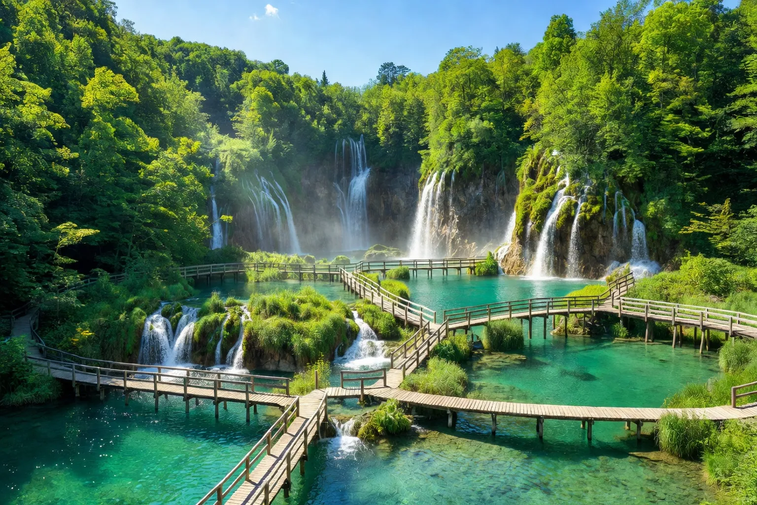 Cascades des lacs de Plitvice en Croatie avec passerelles en bois