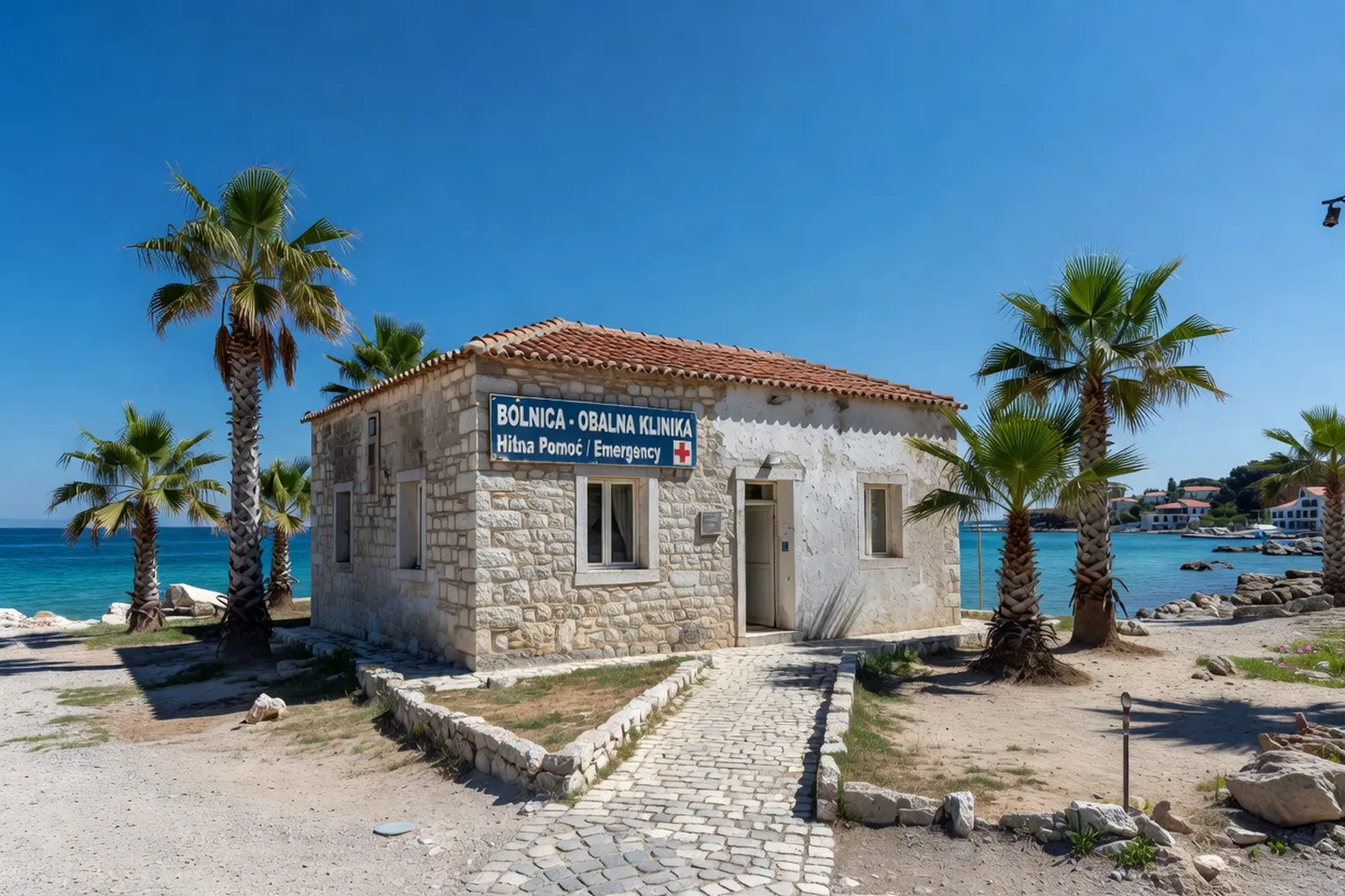 Ambulance et signalisation d'un hôpital côtier croate en bord de mer Adriatique
