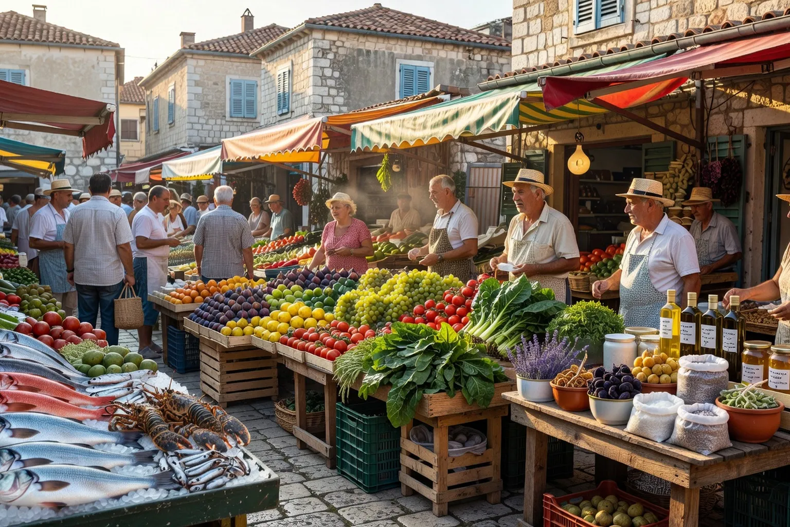 Marché alimentaire coloré en Croatie avec poissons frais, fruits et produits locaux