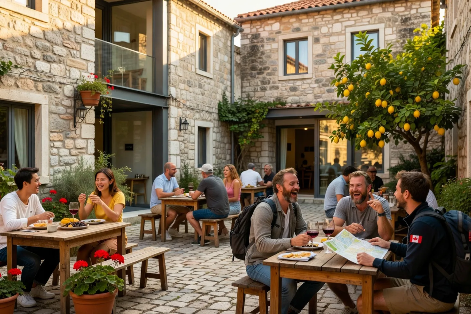Auberge de jeunesse moderne en pierre croate avec patio et voyageurs se relaxant