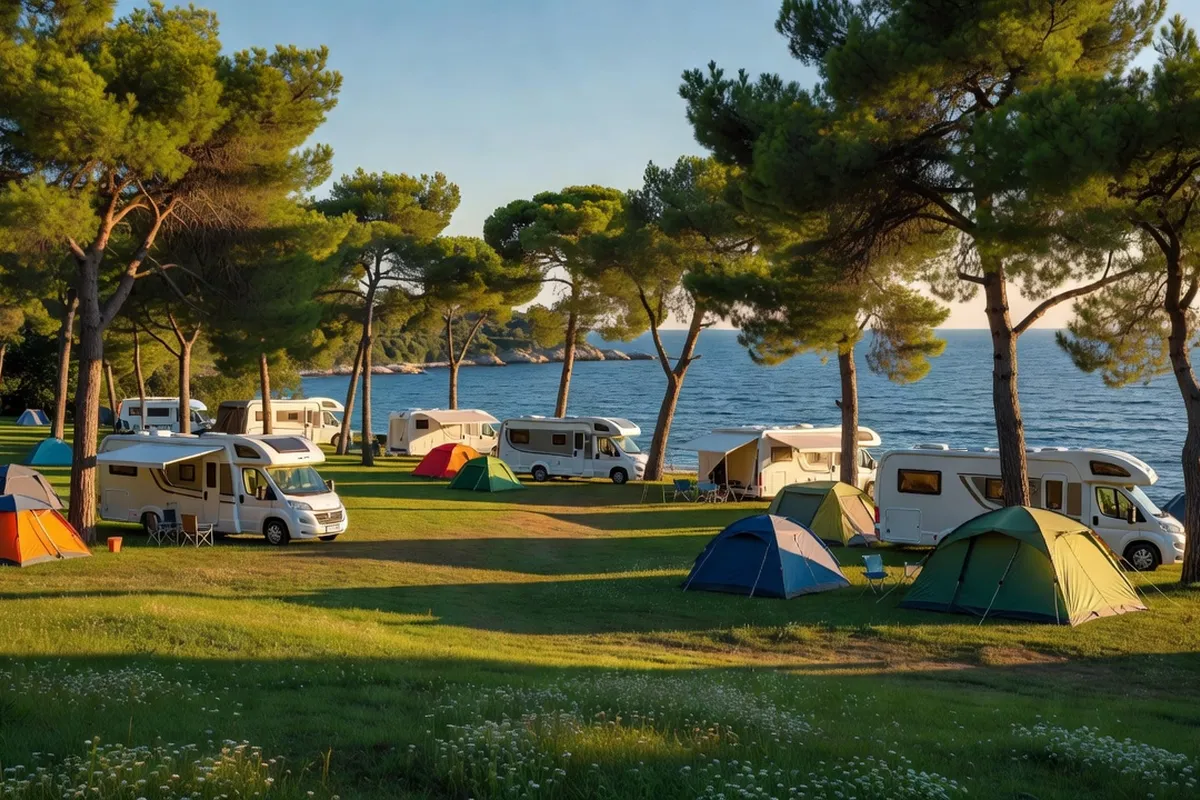 Camping-car garé en bord de mer sur la côte adriatique croate, vue sur les îles dalmates