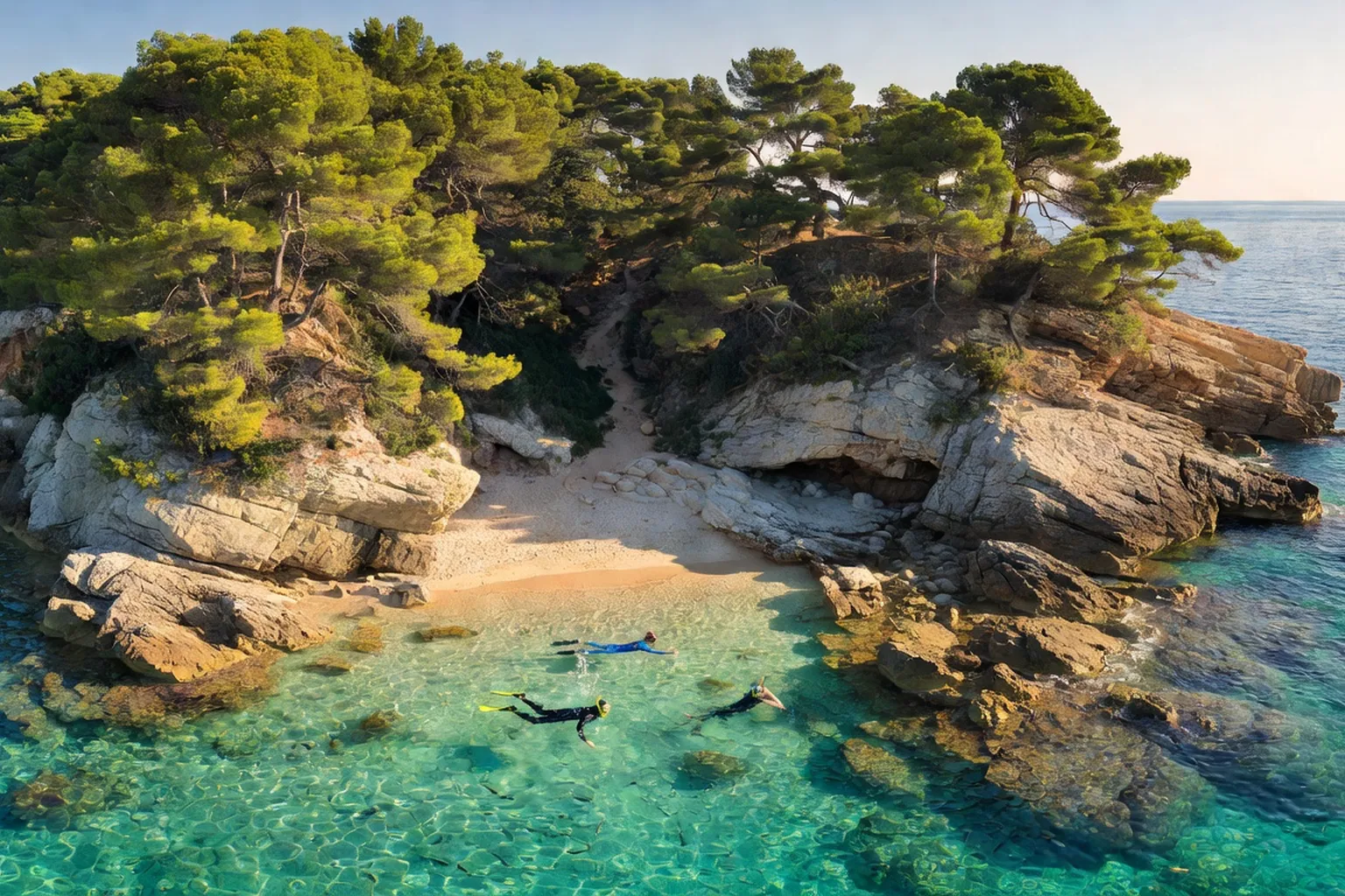 Vue aerienne de la côte adriatique croate avec îles et villages côtiers