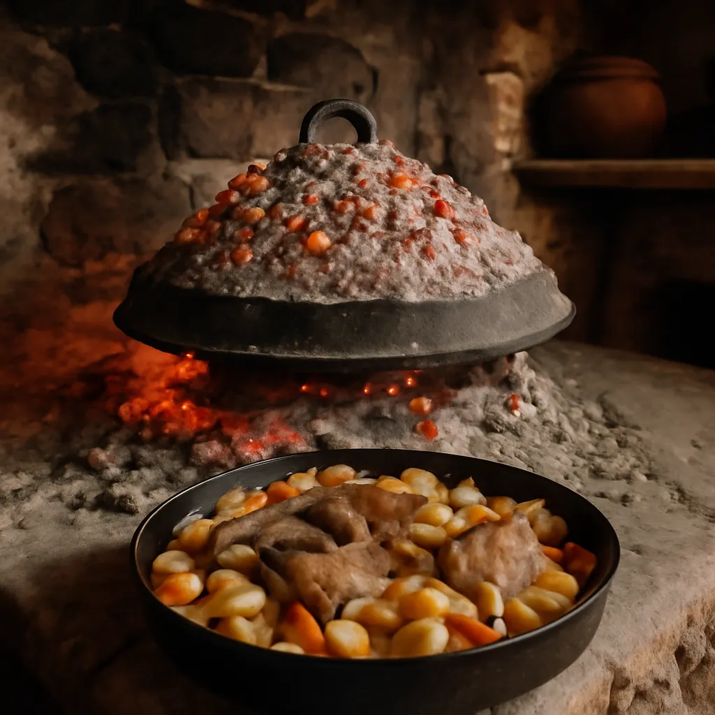 Peka dalmate traditionnelle : cloche en fonte sur braises, agneau et légumes, cuisine rustique en pierre