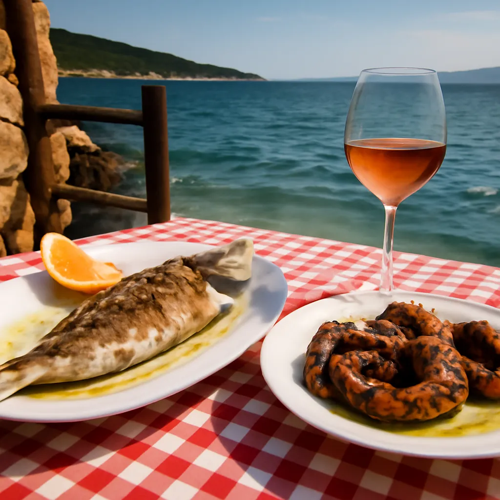 Table de konoba au bord de la mer Adriatique : poissons grillés entiers, poulpe, verre de vin rosé, nappe rouge et blanc