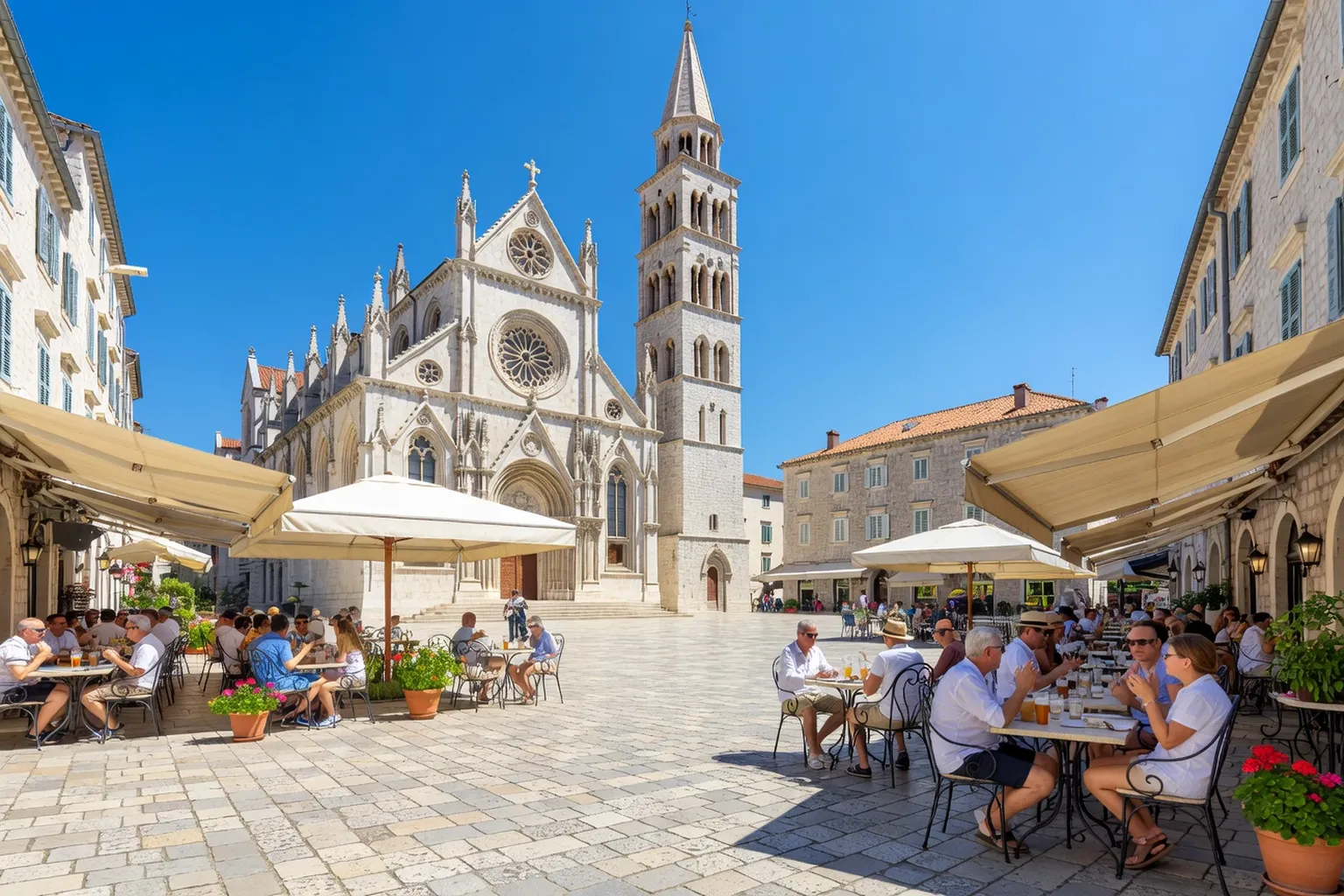 Place Saint-Etienne a Hvar avec cathédrale veneto-croate et terrasses animees