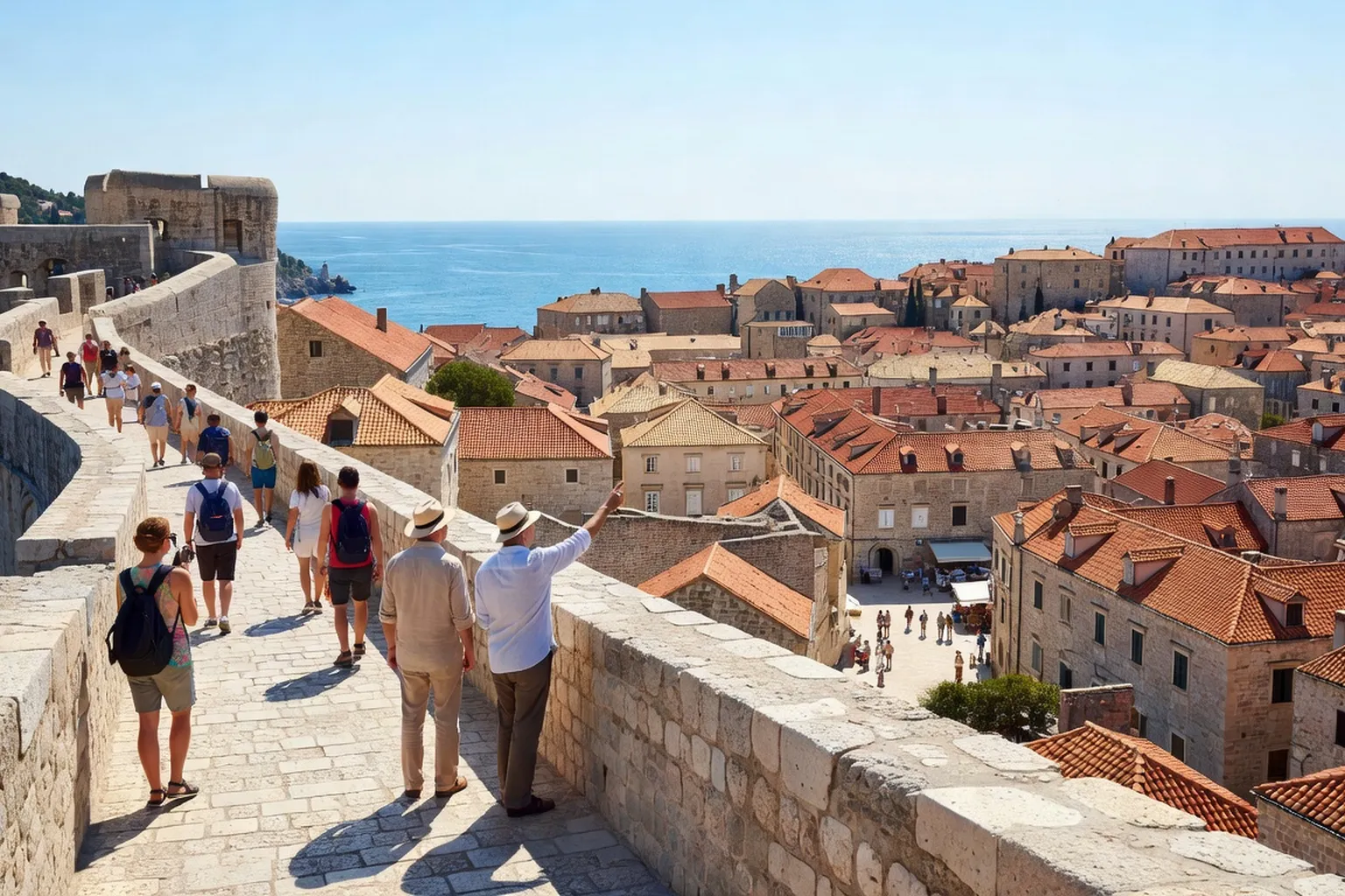 Promenade sur les remparts de Dubrovnik avec vue sur la vieille ville et la mer Adriatique