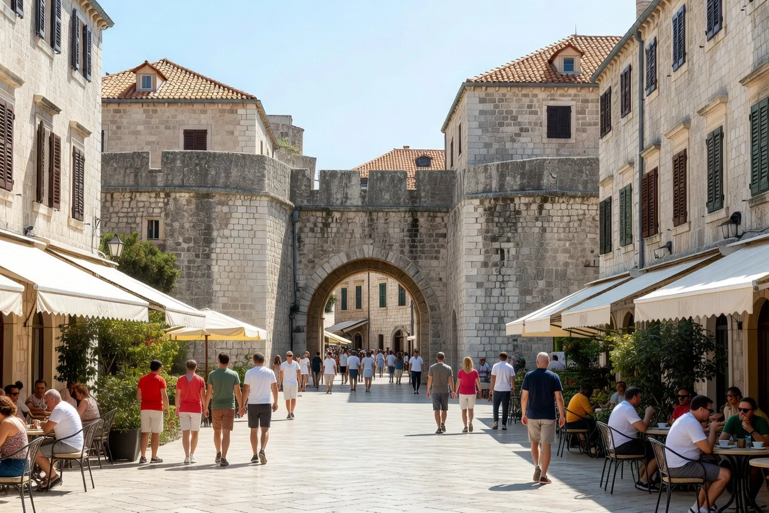Porte Pile de Dubrovnik et rue Stradun avec ses pavés blancs et terrasses animées