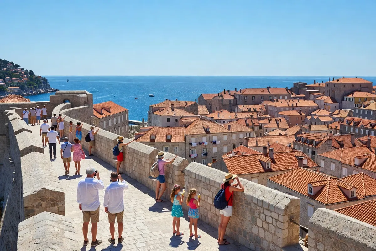 Remparts de Dubrovnik au lever du soleil, toits en tuiles orangées et mer Adriatique turquoise