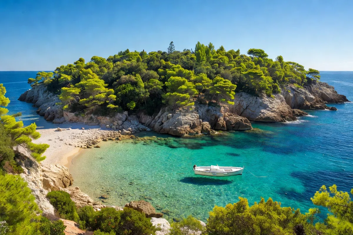 Vieille ville de Dubrovnik vue depuis le mont Srđ, îles Élaphites à l'horizon sur la mer Adriatique