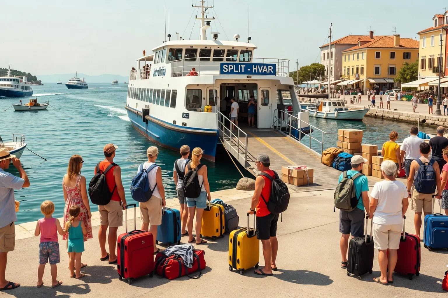 Passagers attendant l'embarquement sur le quai de Split pour le ferry vers Hvar