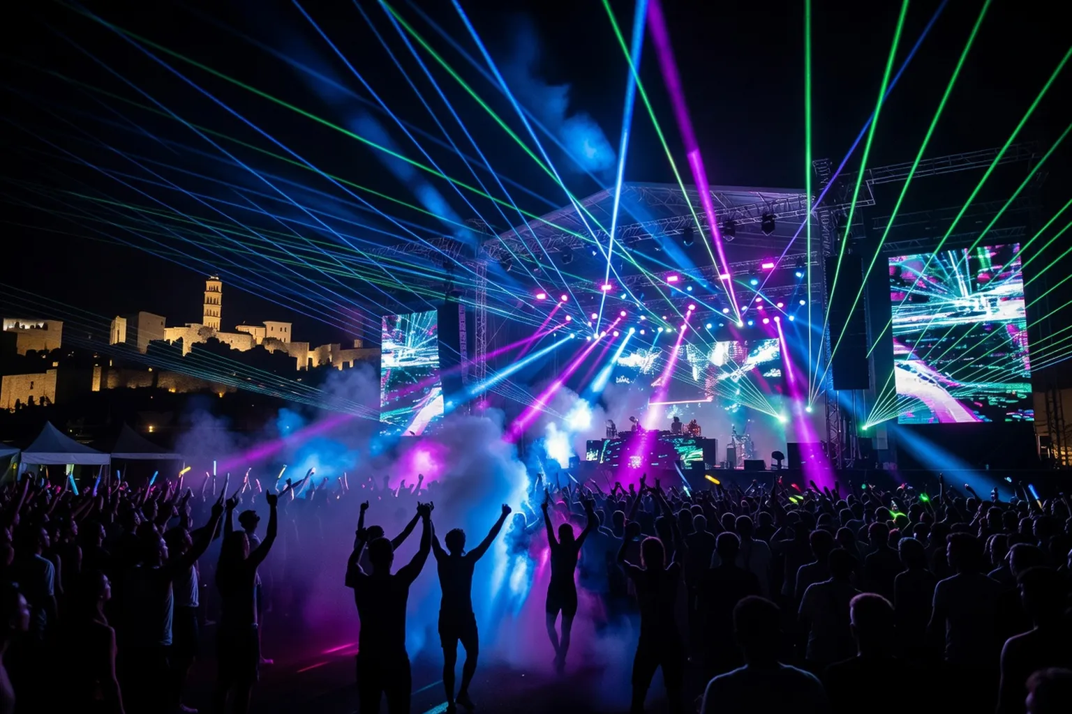 Foule et scene lumineuse du festival Ultra Europe a Split en Croatie de nuit