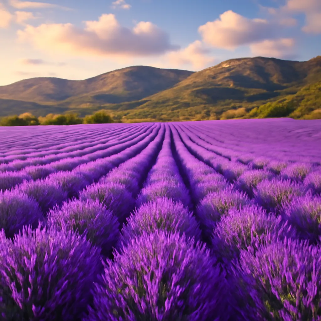 Champs de lavande en pleine floraison à Hvar, juin, collines dalmates en arrière-plan, violet intense