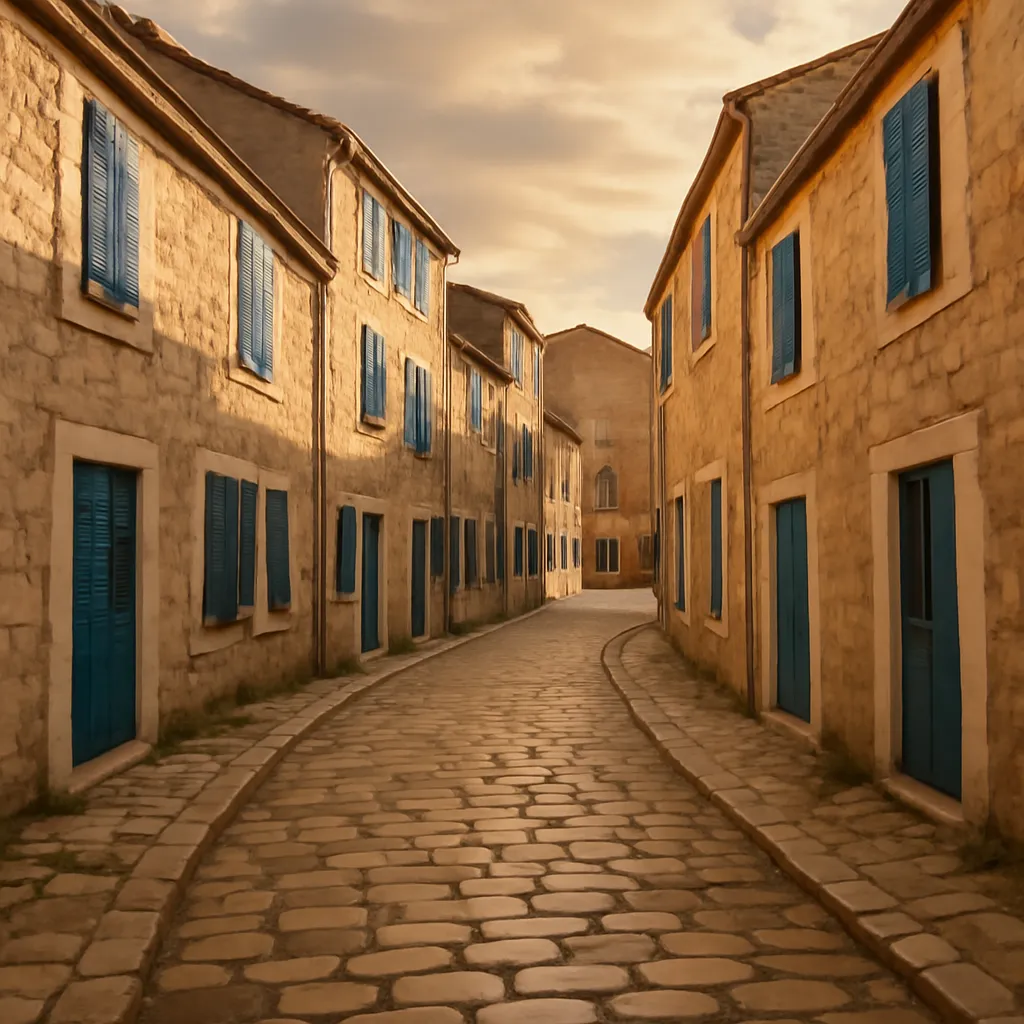 Ruelles pavées de Stari Grad hors-saison, pierres blanches dorées, volets bleus, lumière d'automne, aucun touriste