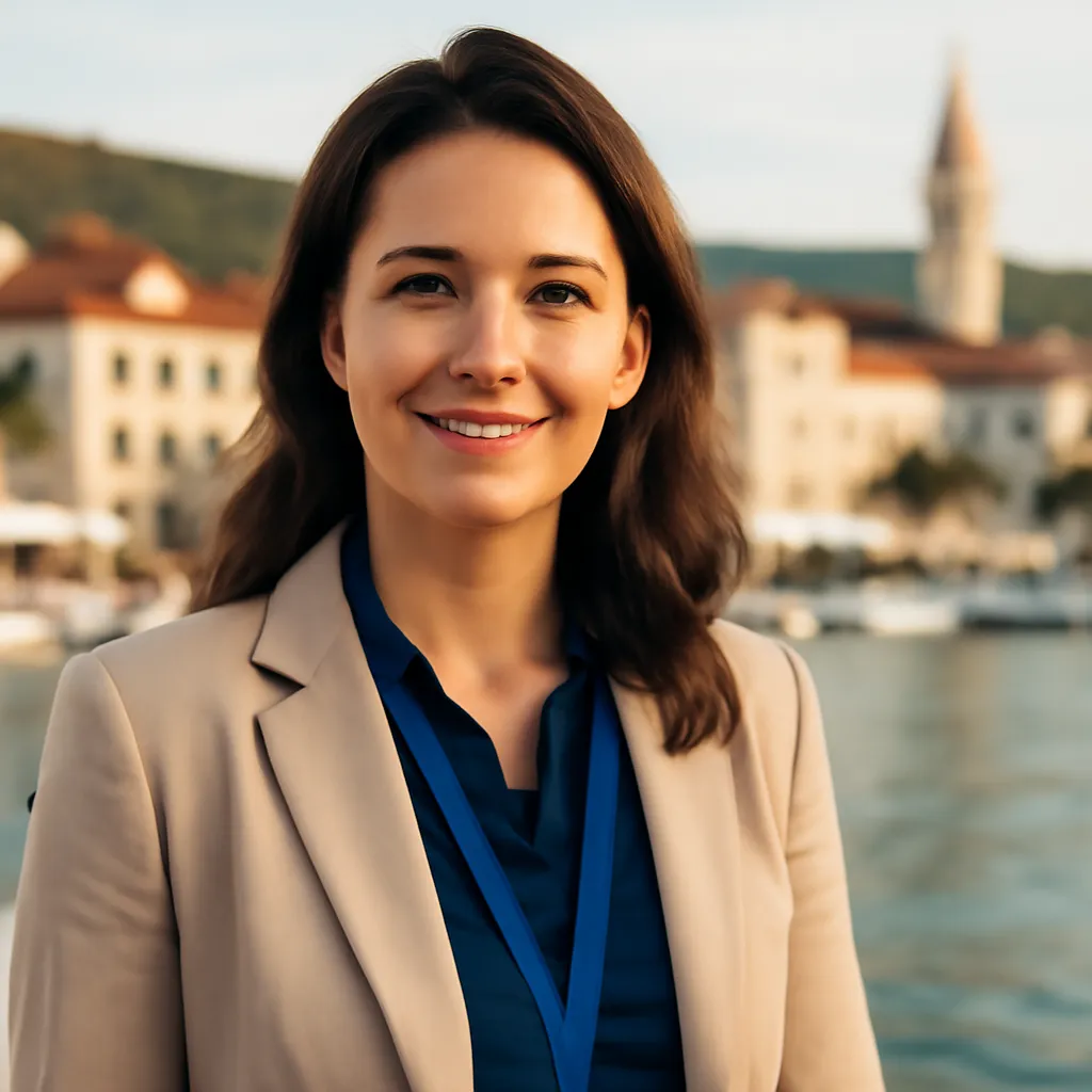 Portrait éditorial d'Ivana Blažević, guide touristique officielle à Hvar, port de Stari Grad en arrière-plan