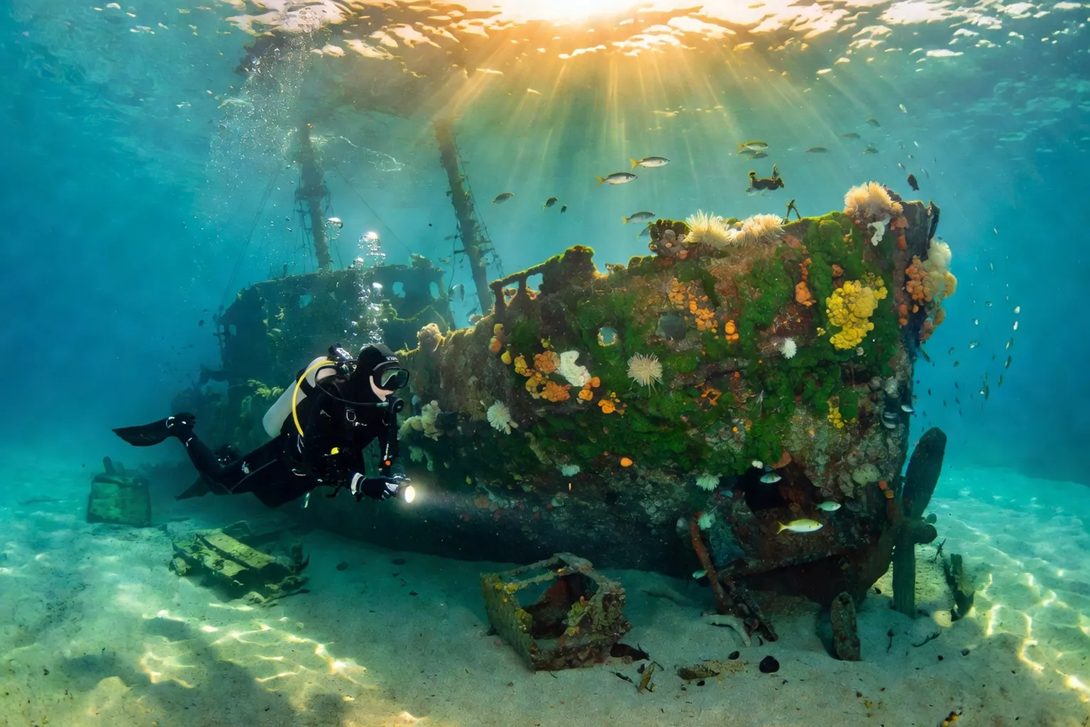 Plongeur explorant une epave immergee dans les eaux claires de l'Adriatique pres de Vis