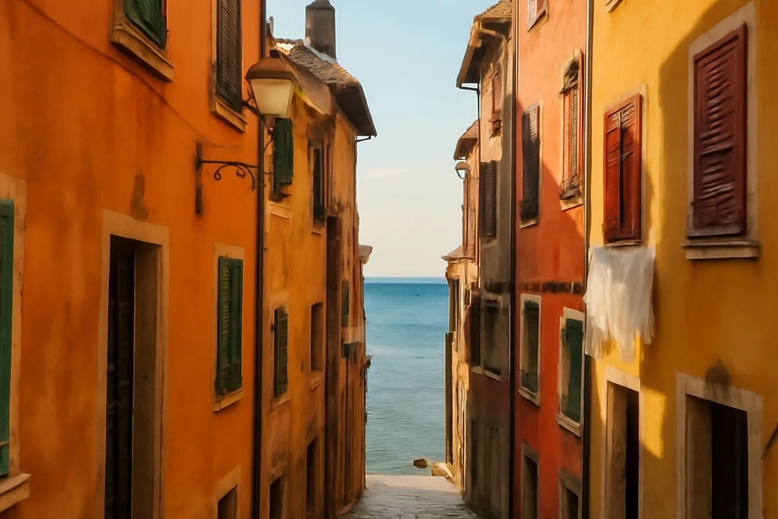 Ruelles colorees et clocher de Rovinj en Istrie croate au coucher du soleil