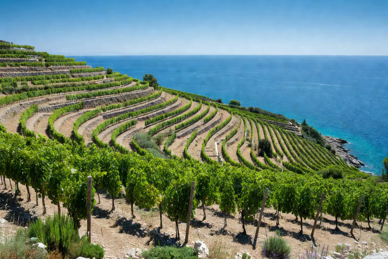 Vignoble Pošip de Korčula avec vue sur la mer Adriatique