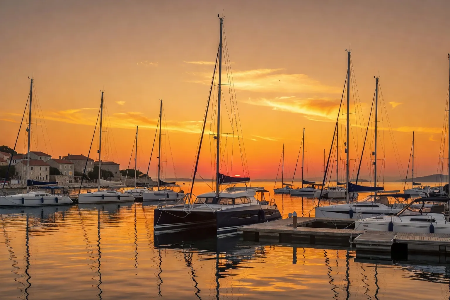 Catamaran amarre dans une marina croate au coucher du soleil
