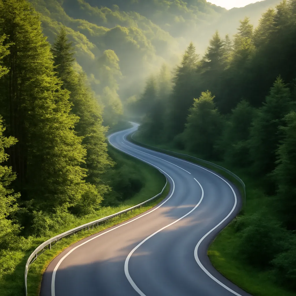 Route de montagne en Croatie intérieure bordée de forêt verte, virages en lacets