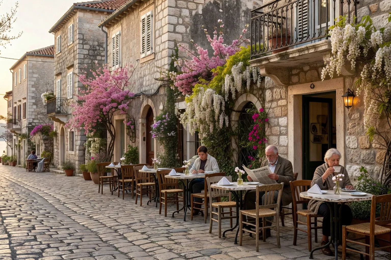 Ruelle croate fleurie au printemps avec facades pastel en Istrie