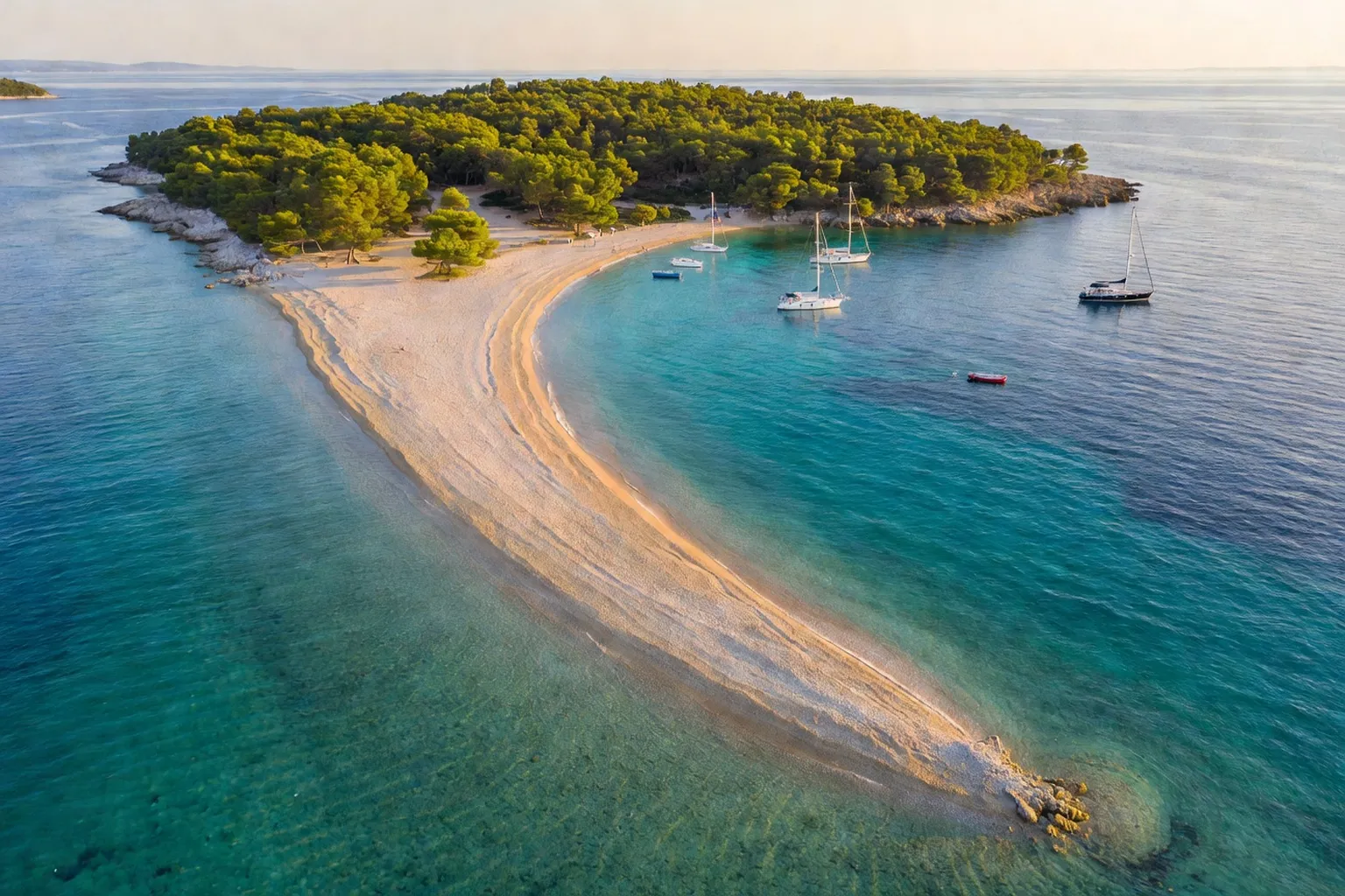Vue panoramique aerienne de la plage de Zlatni Rat sur l'île de Brac en Croatie