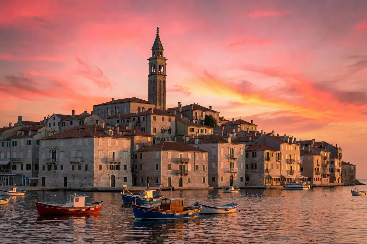 Coucher de soleil sur la vieille ville de Rovinj en Istrie avec le campanile et le port