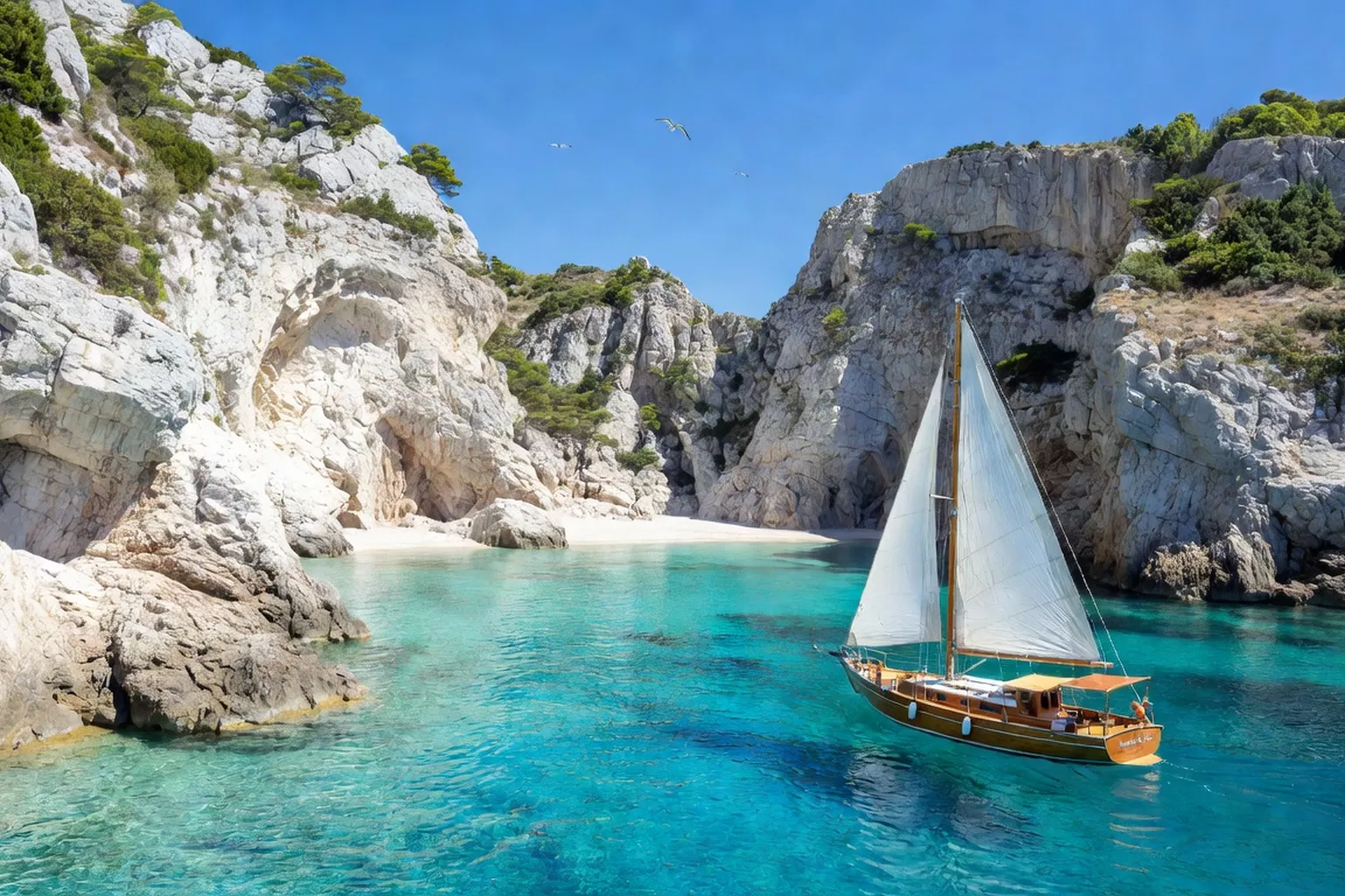 Vue d'une crique cachée depuis la mer avec falaises calcaires et eau turquoise en Croatie