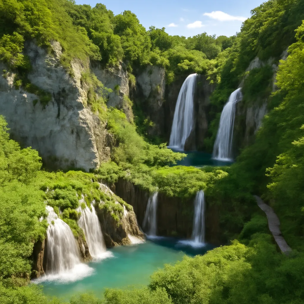 Parc national de Plitvice en mai, cascades et végétation verte intense, peu de touristes