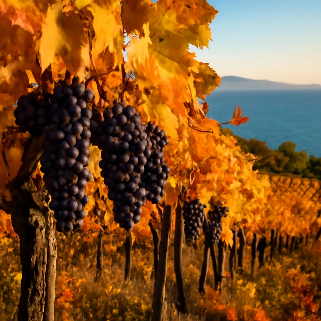 Vignobles dalmates en octobre avec grappes de plavac mali, mer Adriatique au loin, lumière dorée