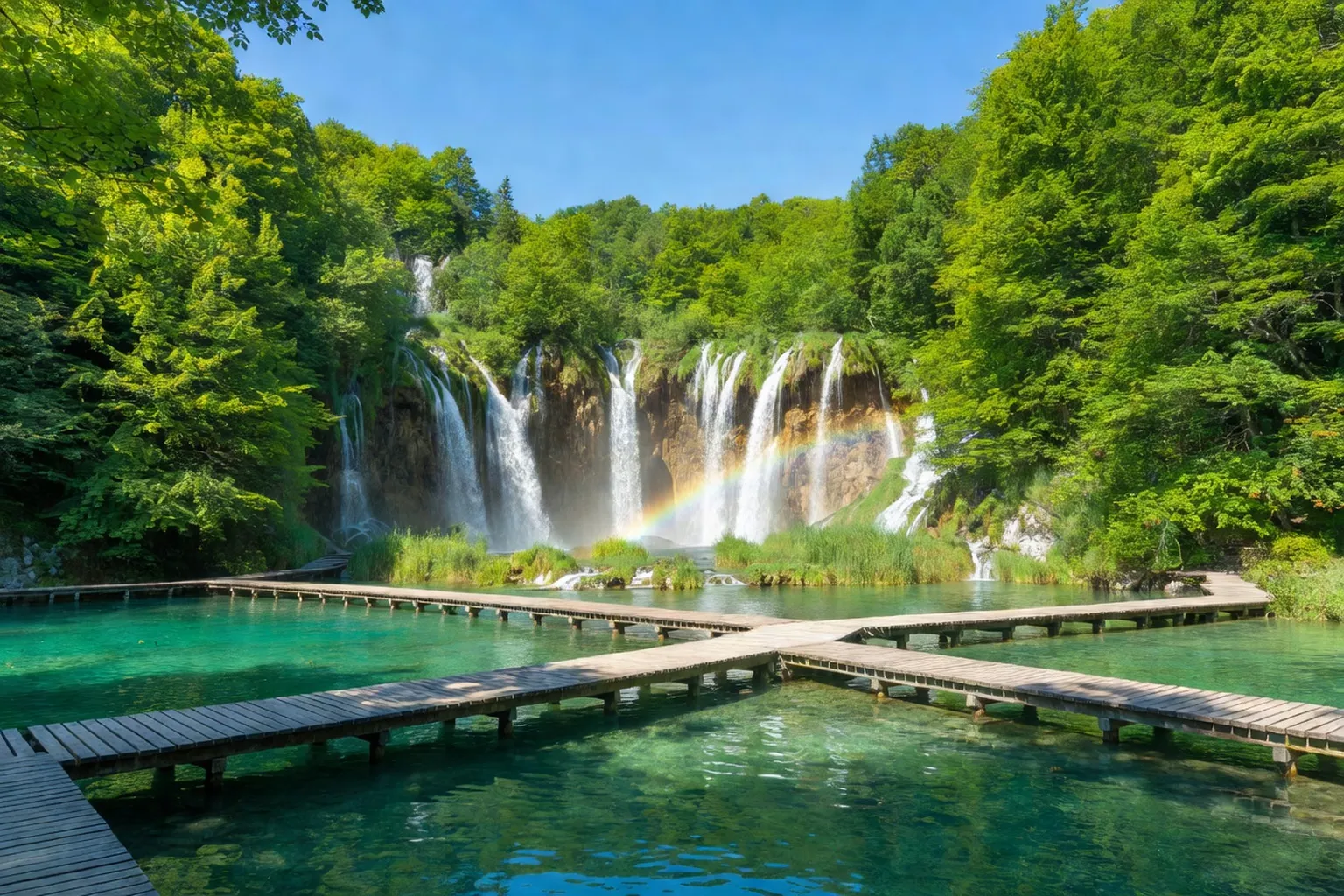 Cascades et lacs turquoise du parc national de Plitvice avec passerelles en bois