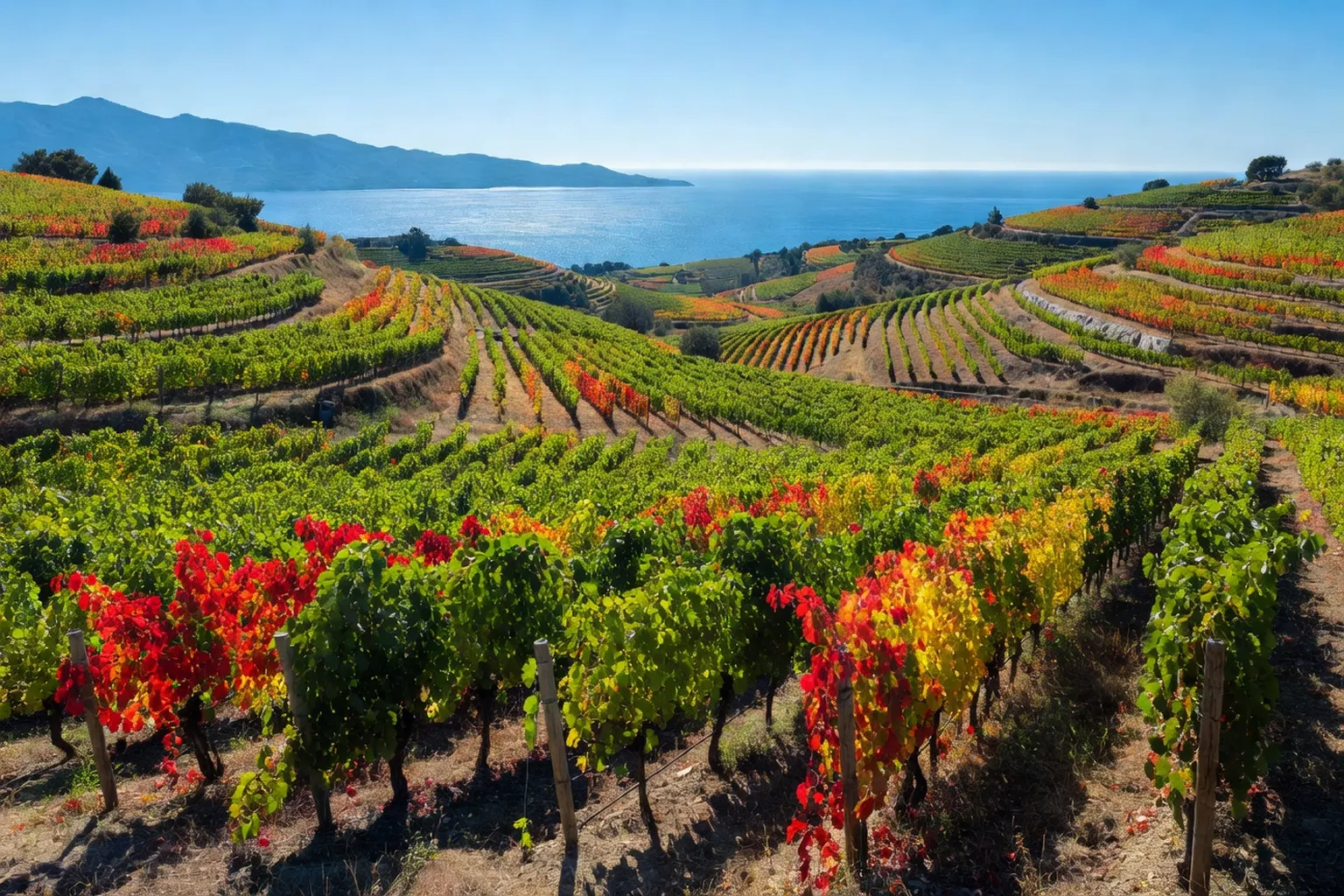 Vignes en vendanges sur la côte croate en arriere-saison avec mer bleue