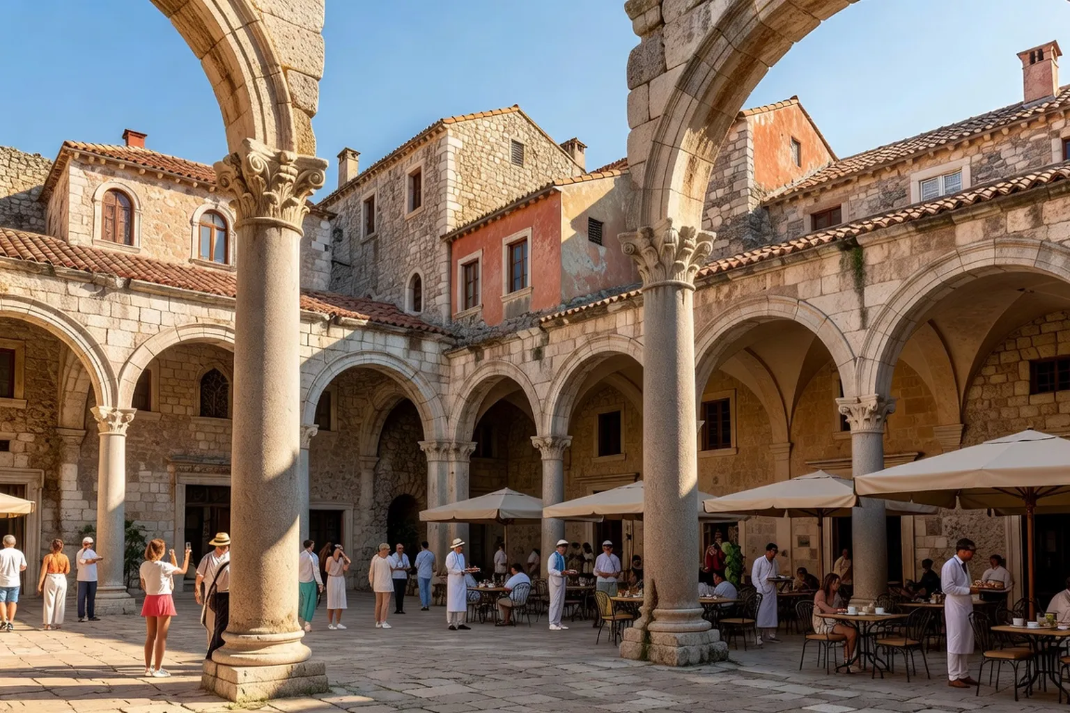 Cour du palais de Dioclétien à Split avec colonnes romaines et cafés sous les arches