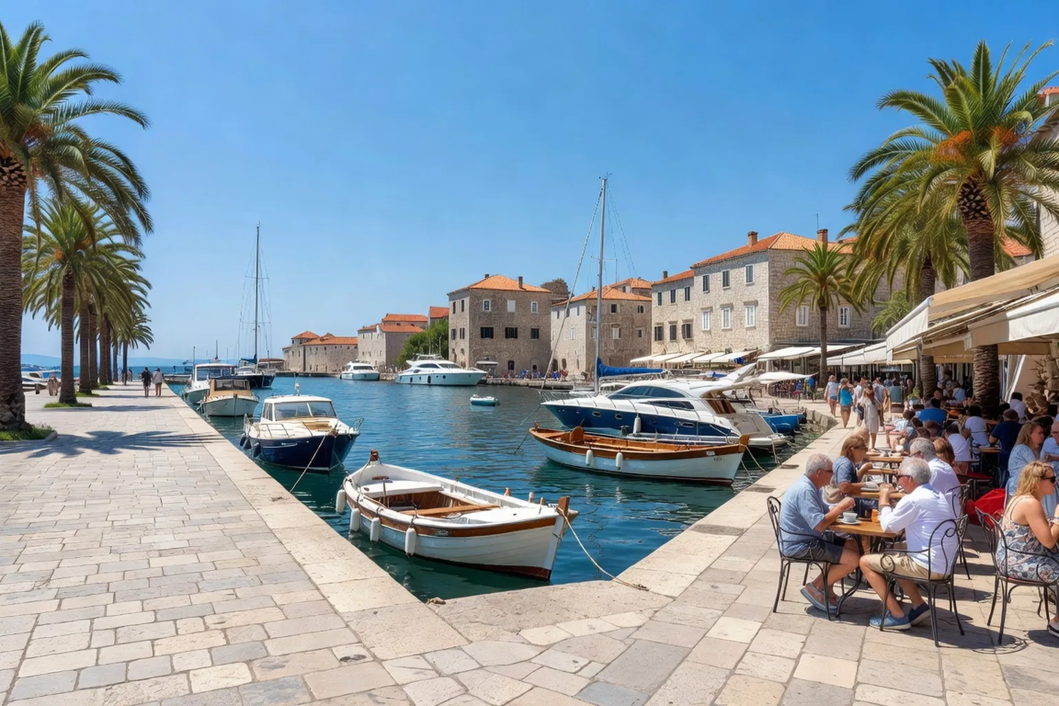 Front de mer de Split (Riva) avec palmiers, terrasses et bateaux amarrés au port