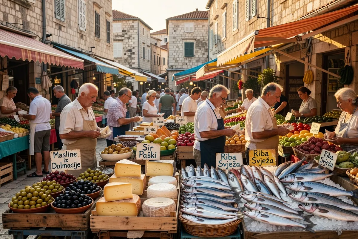 Marché de producteurs locaux en Dalmatie, pršut et fromages de Pag