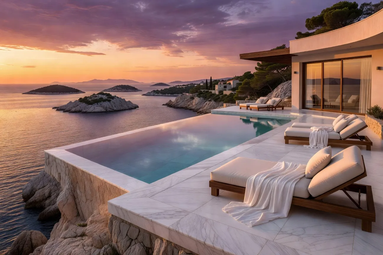 Terrasse romantique avec vue sur la mer Adriatique lors d'une lune de miel en Croatie