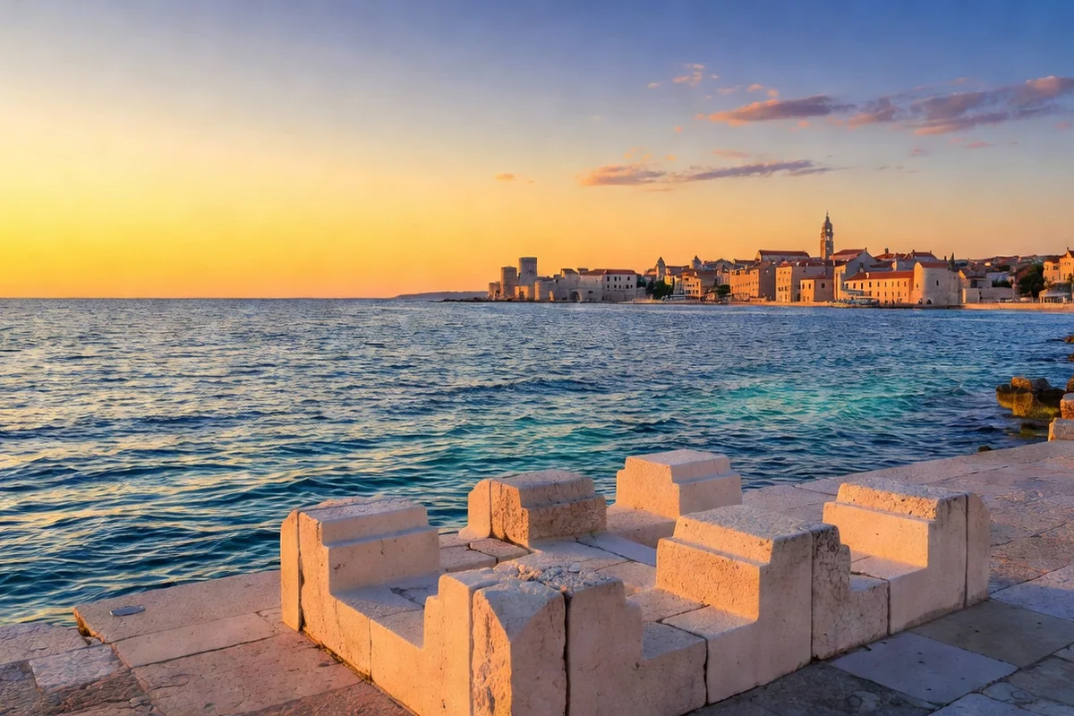 Le front de mer de Zadar au coucher du soleil, avec les orgues marines au premier plan