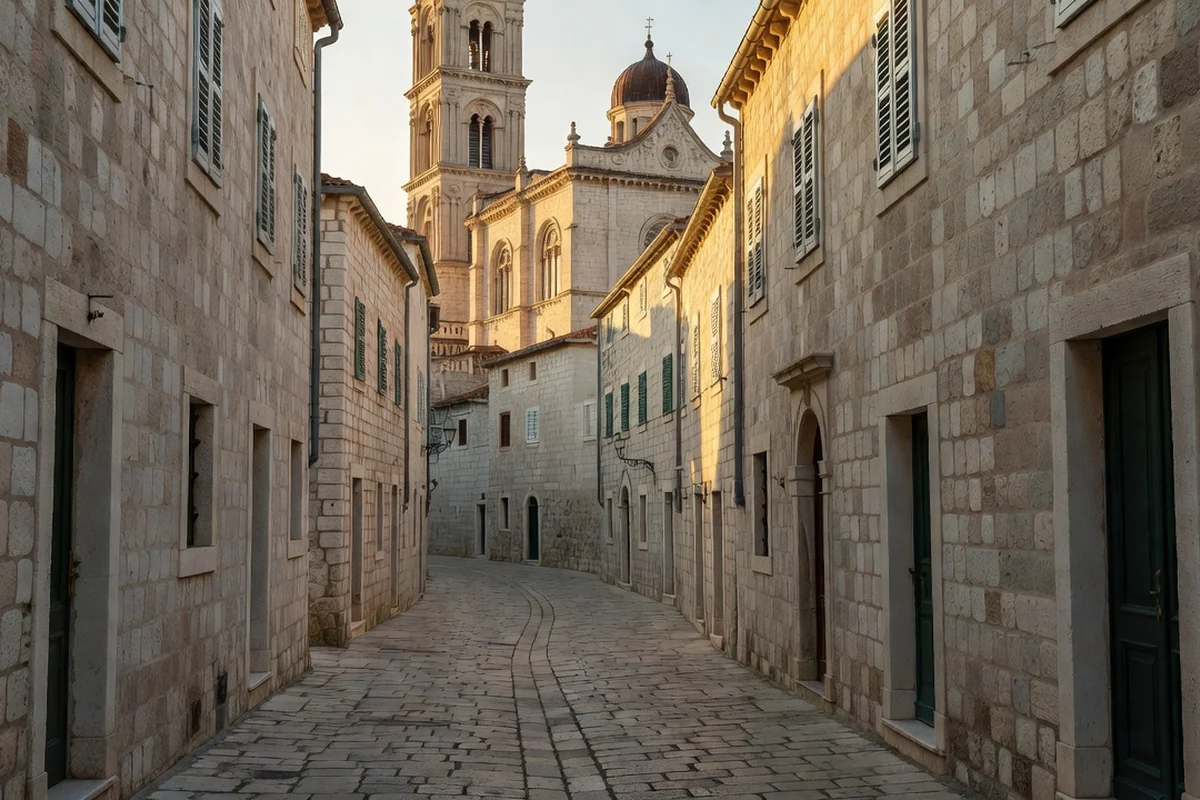 Ruelle de pierre dans la vieille ville de Šibenik, cathédrale Saint-Jacques en arrière-plan