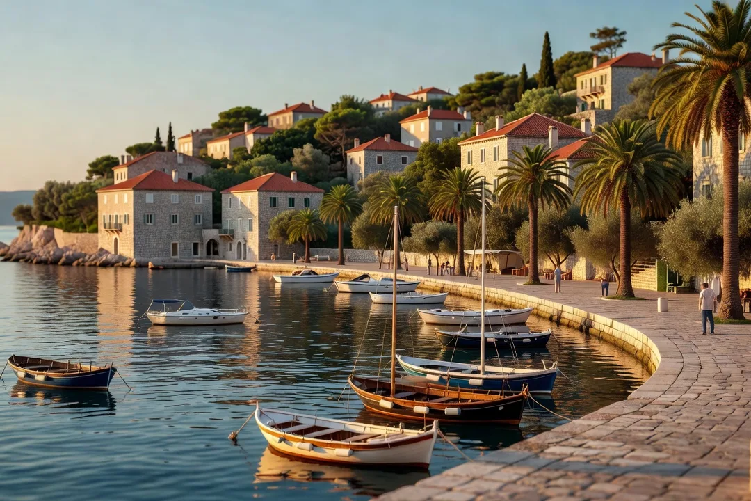 Vue du port de Cavtat et de sa promenade bordée de palmiers au sud de Dubrovnik