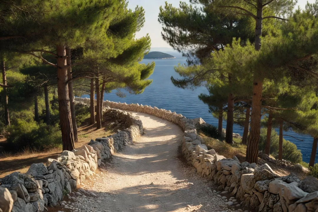 Sentier côtier bordé de pins sur une île Élaphite face à la mer Adriatique