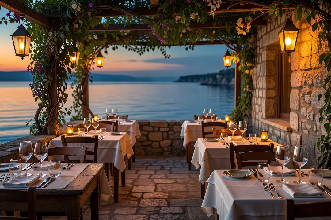 Terrasse ombragée face à la mer Adriatique dans un village côtier près de Dubrovnik