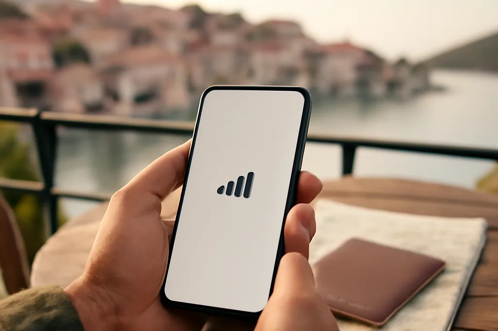 Voyageur consultant son smartphone sur une terrasse en bord de mer en Croatie