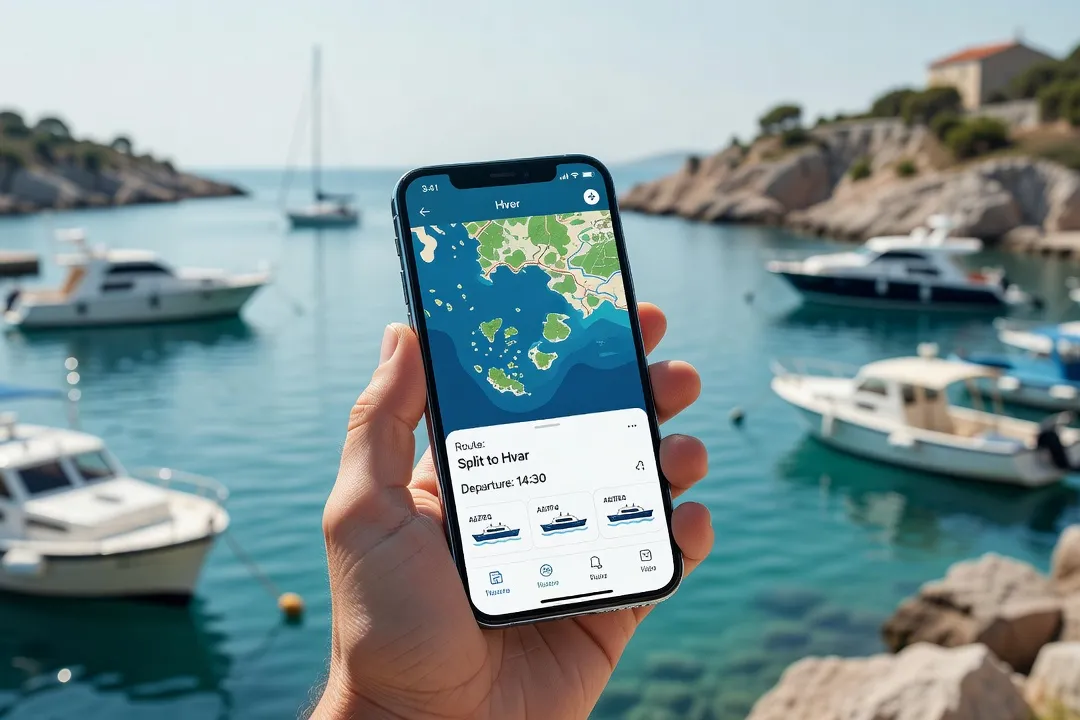 Voyageuse consultant son téléphone avec une carte hors ligne sur une terrasse en Croatie
