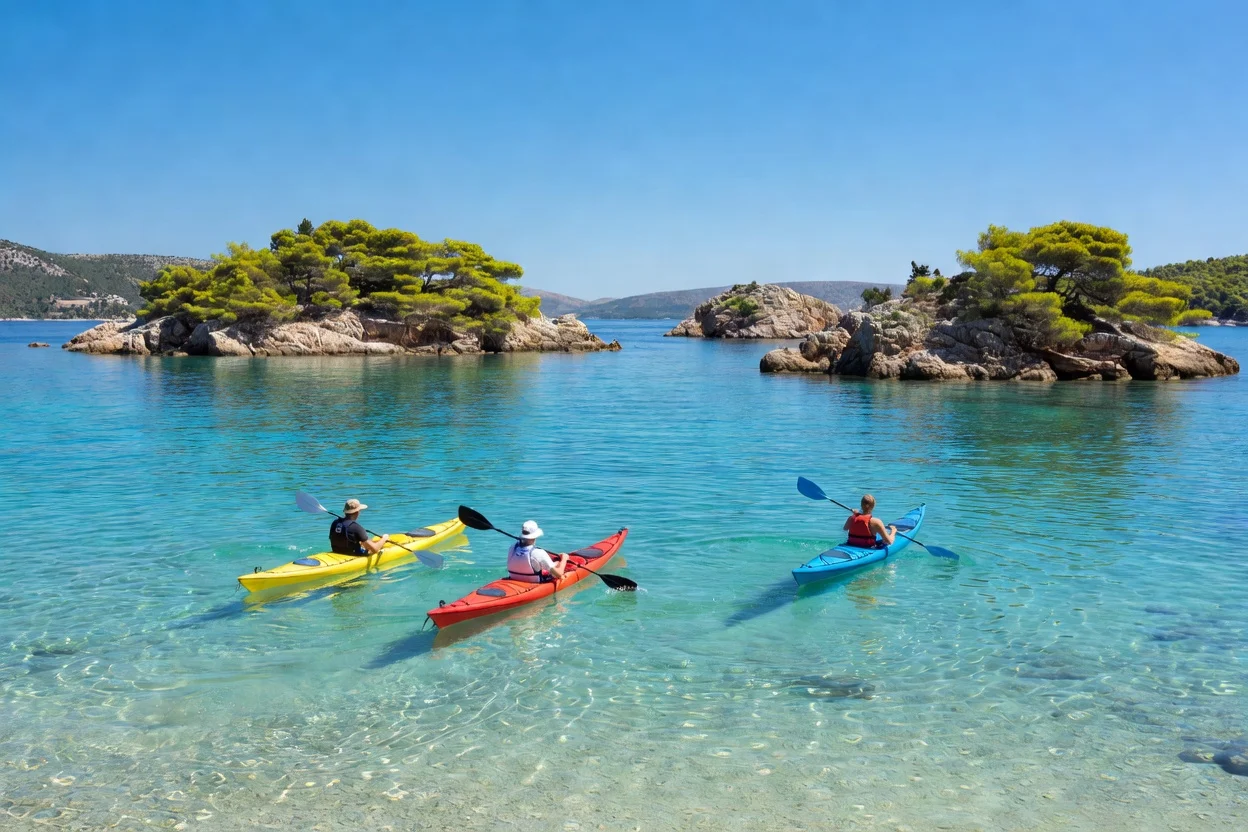 Kayak de mer près des îles Pakleni, au large de Hvar en Croatie