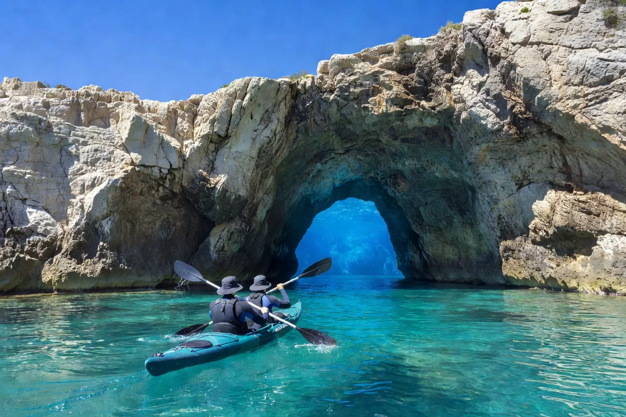 Kayak approchant une grotte marine aux eaux azur en Croatie
