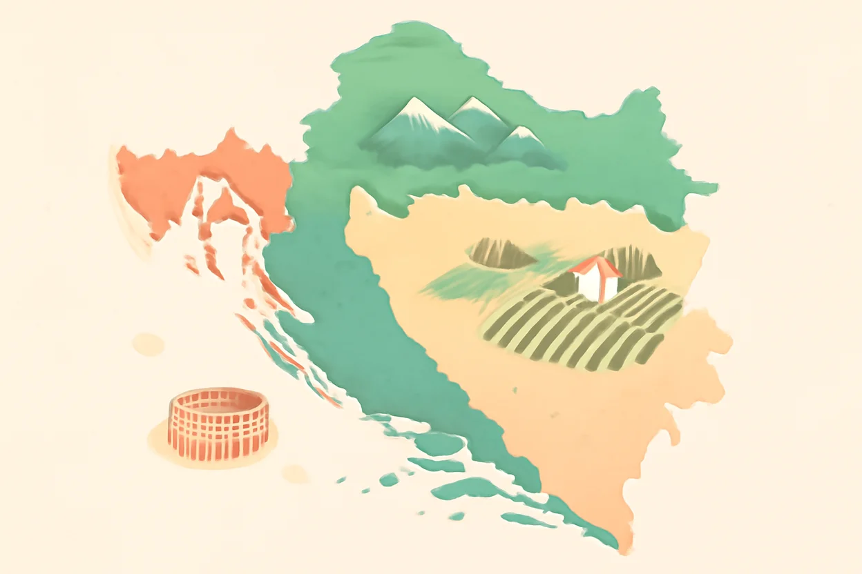 Carte des régions de Croatie avec l'Istrie, la Dalmatie et la Croatie continentale