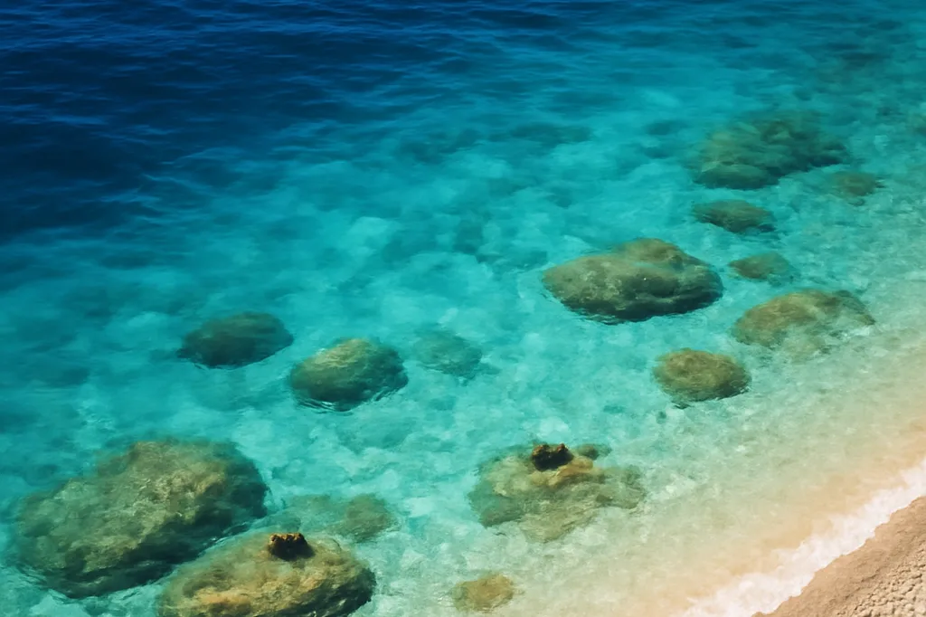 Eau turquoise transparente sur une plage de galets blancs en Croatie