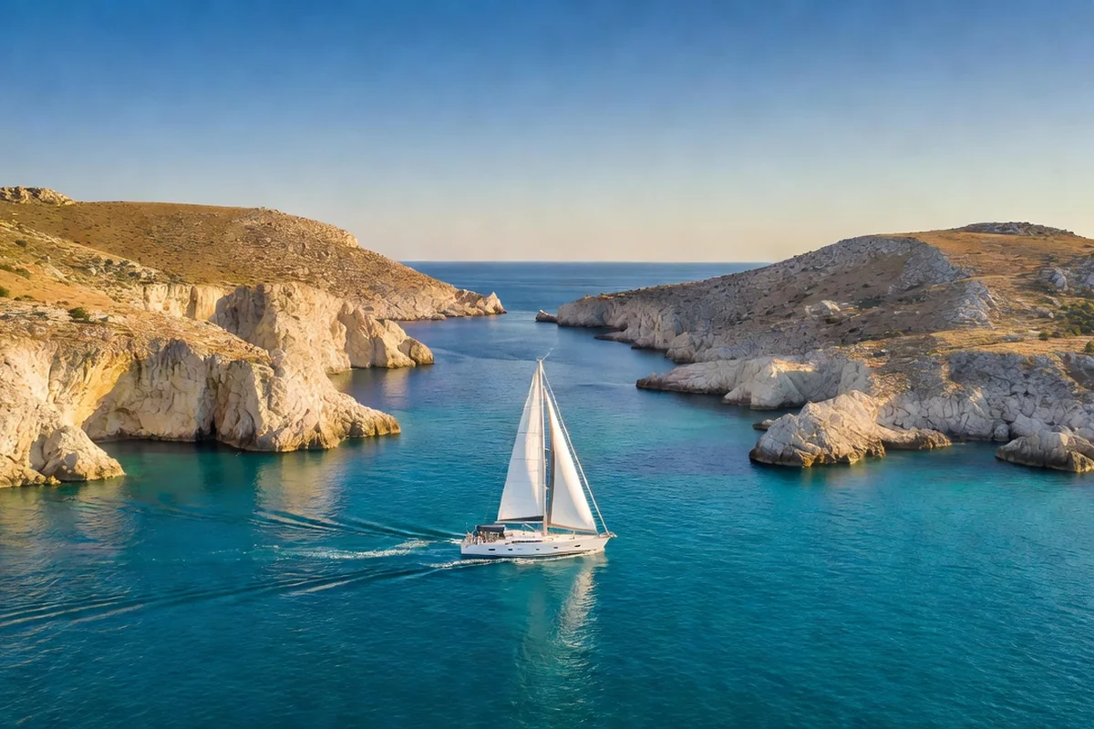 Voilier naviguant entre les îles arides des Kornati, falaises claires et mer turquoise