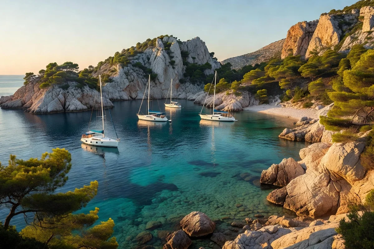 Baie abritée des Kornati avec quelques voiliers au mouillage, eau limpide